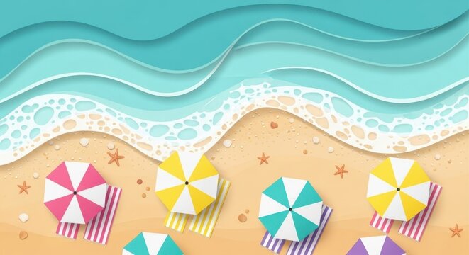 Top view of a tropical beach with colorful umbrellas and beach towels on the sand, paper cut style