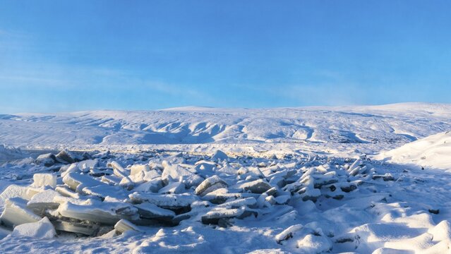 Icefall at the river Skialfandafljot z, near the waterfall Godafoss, snow-covered landscape, North Iceland Eyestra, Iceland
