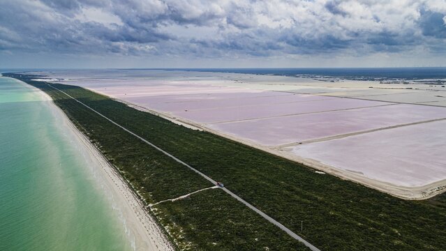 Aerial of the colourful salinas of Las Coloradas, Yucatan, Mexico