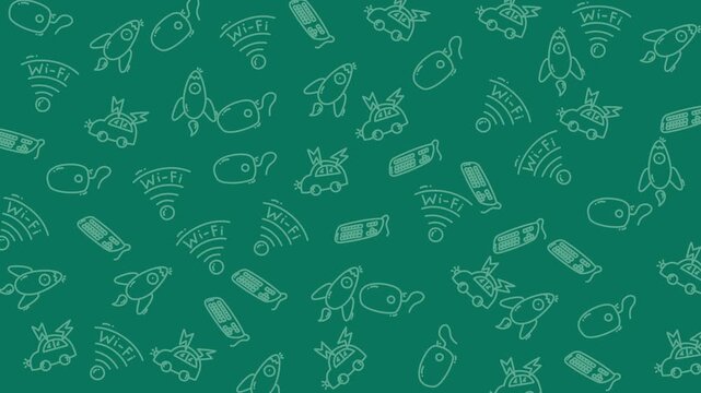 Seamless Pattern Of Hand-drawn Technology Icons On Green Background