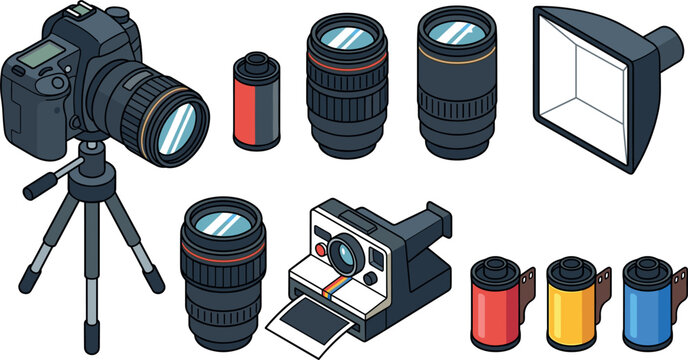 Vector collection of isometric professional photography gear featuring digital DSLR camera tripod swap lenses softbox lighting retro instant camera and film canisters