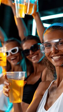 Group of diverse smiling women enjoying drinks and celebrating at a lively nightlife event, close-up portrait