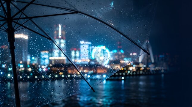 Minato Mirai skyline and ferris wheel blurred through a rain-covered transparent umbrella on a rainy night in Yokohama
