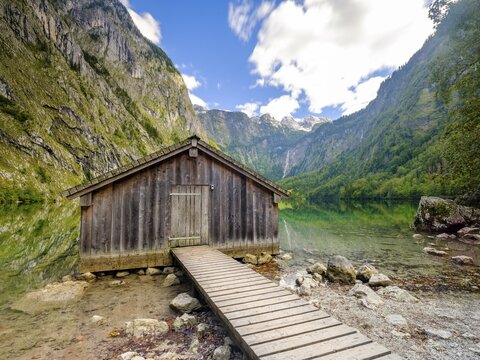 Boathouse at the Obersee, Sch&ouml;nau at K&ouml;nigssee, Berchtesgaden National Park, Berchtesgadener Land, Upper Bavaria, Bavaria, Germany