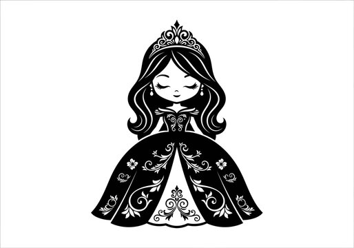 Cute Princess illustration, Black and White, Tiara, Elegant Dress, Fairytale Character