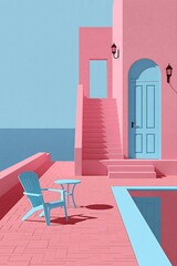 Obraz premium Serene Pink and Blue Coastal Terrace with Adirondack Chair and Table Overlooking Ocean