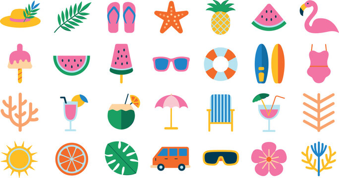 Summer Beach Vacation Icon Vector Set with Tropical Elements, Flamingo, Watermelon, Cocktails, and Surfboards for Seasonal Party Flyers and Holiday Graphic Designs