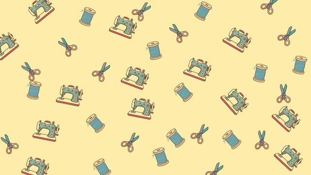 The Image Is A Seamless Pattern Of Colorful Sewing Machines And Spools Of