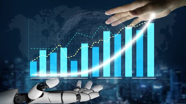 A stunning visual representation of a human hand reaching out to a robotic arm, symbolizing collaboration in technology, growth, and data analysis in a digital landscape. Copula