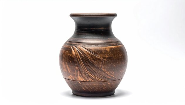 Brown textured ceramic clay vase in still life.