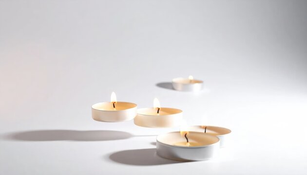 Burning tea light candles on white background