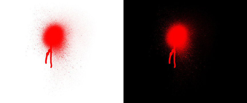 Red spray paint drip on white and black background, vibrant graffiti splatter with liquid runs, urban street art spray texture for design