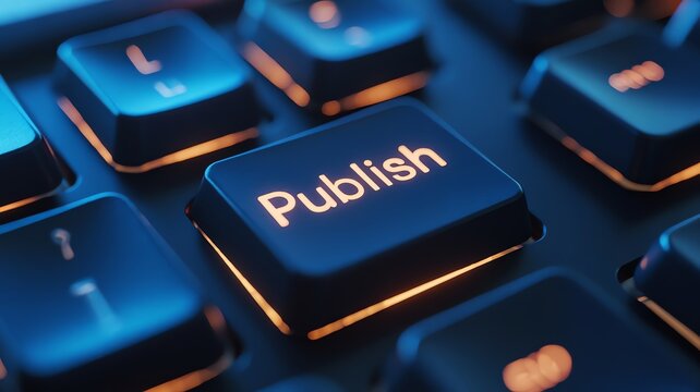 Close up of glowing publish button on computer keyboard for content creation social media marketing
