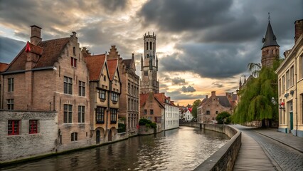 Obraz premium Historic medieval city canal at sunset. Old European town architecture with bell tower.