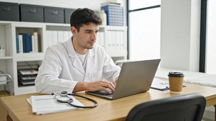 Obraz premium Male healthcare professional reviewing patient history on laptop at hospital workstation.