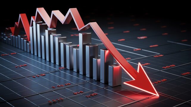 Red downward arrow on 3D financial bar chart showing stock market crash and global economic recession