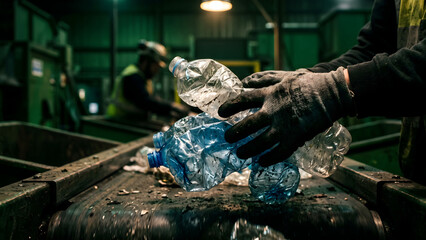 Obraz premium Worker Sorting Plastic Bottles on Conveyor Belt in Recycling Plant