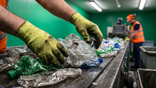 Workers sorting plastic bottles on a conveyor belt at a recycling facility