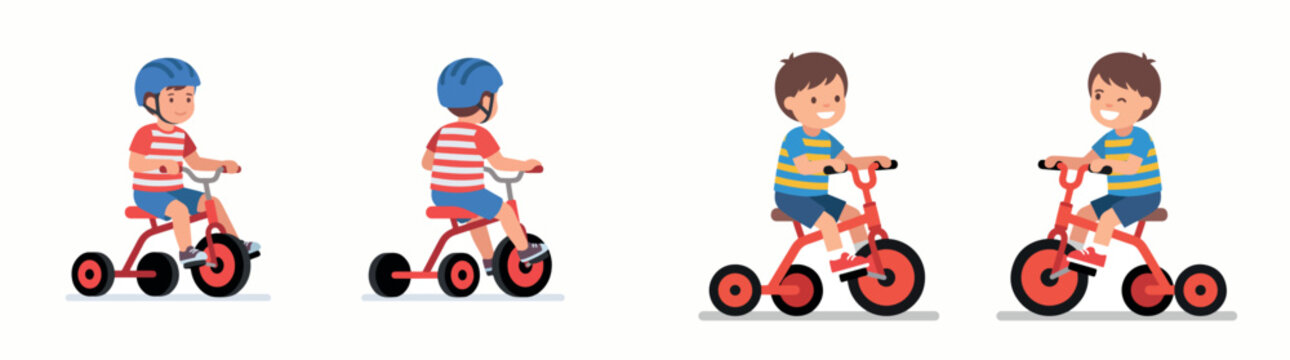 Happy little boy riding a red tricycle set in various poses. Childhood play activity and outdoor transport vector illustration for kids design