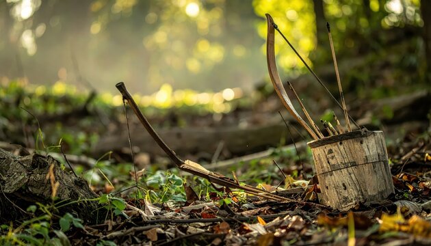 Ancient wooden bow and quiver with arrows resting on the forest floor in dappled sunlight