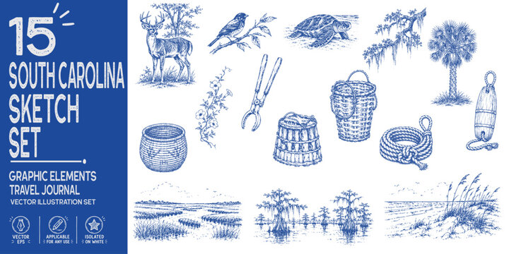 South Carolina travel journal collection. Hand drawn Palmetto heritage elements. Sabal palmetto, sweetgrass basket, loggerhead sea turtle, Lowcountry salt marsh, shrimp basket. 