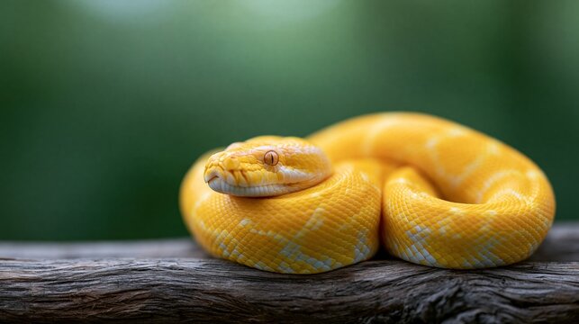 Vibrant Yellow Albino Python Coiled on Rustic Branch with Soft Green Forest Background