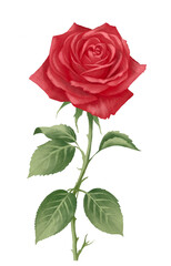 Naklejka premium Blooming Red Rose with Green Leaves Illustration