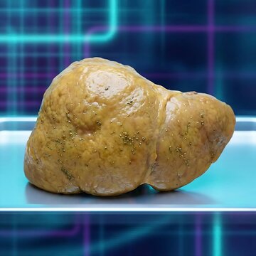 A full human liver organ showing uniform enlargement, pale color, and signs of fatty infiltration (steatosis), symbolizing Non-Alcoholic Fatty Liver Disease (NAFLD), in a misty, ethereal digital paint