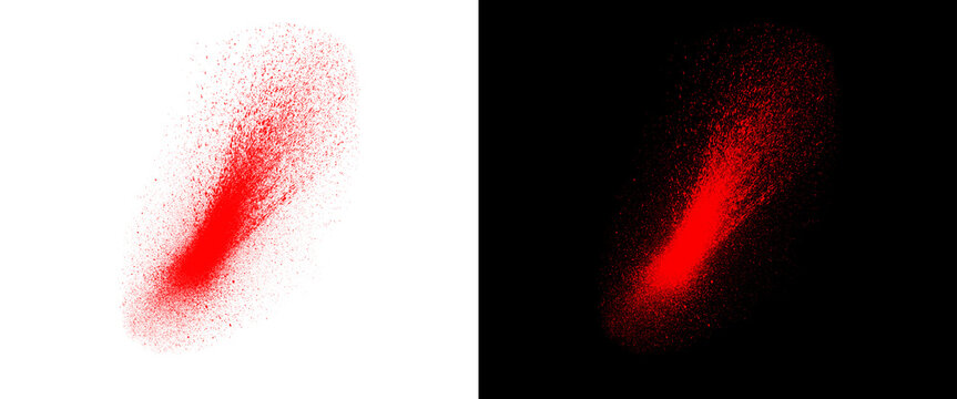 Red spray paint splatter on white and black background, abstract blood splatter texture, crimson ink blast and spray dust effect