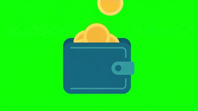 Gold coins falling into a blue wallet animation