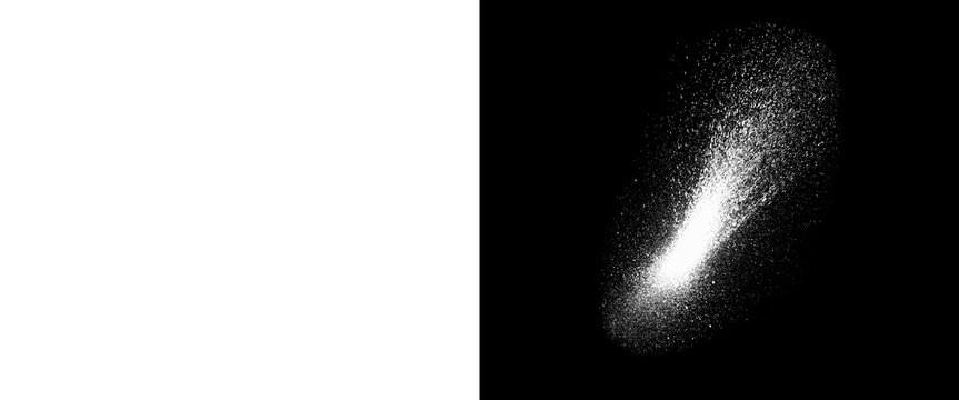 Abstract white powder explosion on black background, dynamic dust splash texture, cosmetic powder burst effect for design overlays