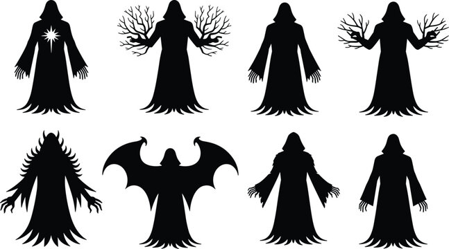 Dark fantasy hooded wizard silhouette character set with magic wings branches and sorcerer elements vector
