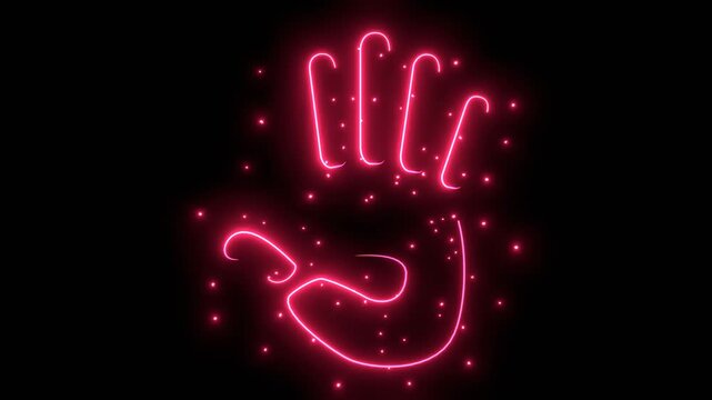 Simple neon line drawing of a human hand with five fingers open and palm facing forward, an iconic gesture glowing with energy and particles.