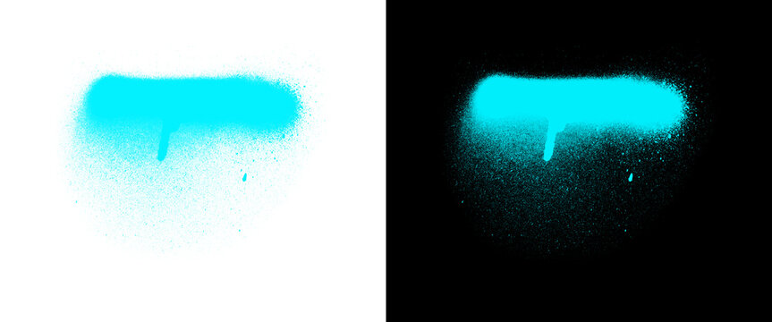 Cyan spray paint stroke with drip on white and black background, vibrant turquoise graffiti splatter, neon blue aerosol paint texture