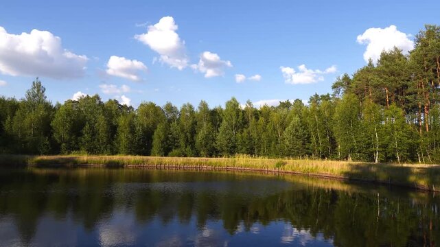 4K Calm Lake Reflection Mirroring Blue Sky with Clouds and Green Forest Horizon Peaceful Nature Scenery