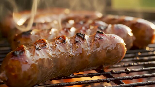 Delicious sausages grilling on a hot barbecue charcoal grill with smoke.