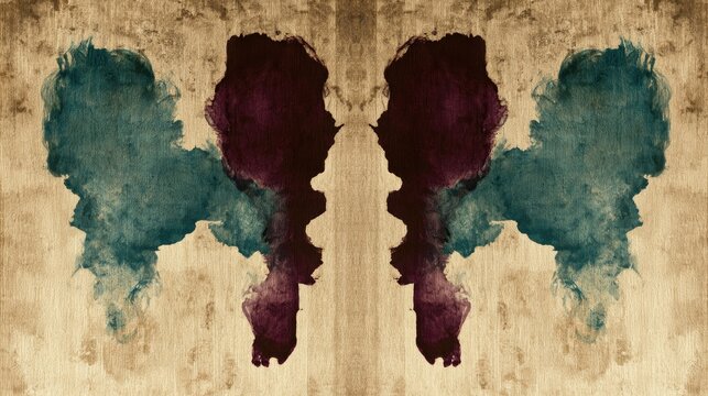 Symmetrical Rorschach inkblot on aged paper texture.