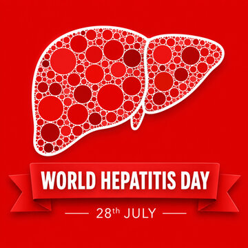 World hepatitis day 28th july awareness banner with stylized liver organ composed of red circles over deep red background, hepatitis