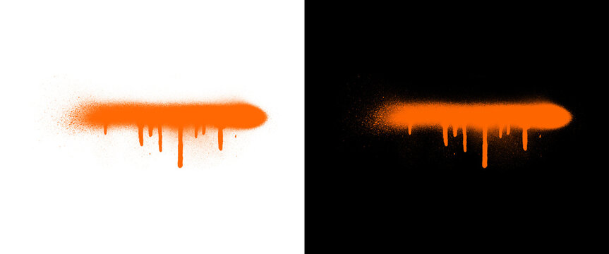 Orange spray paint drip on white and black background, neon graffiti brush stroke with liquid droplets, vibrant street art aerosol texture