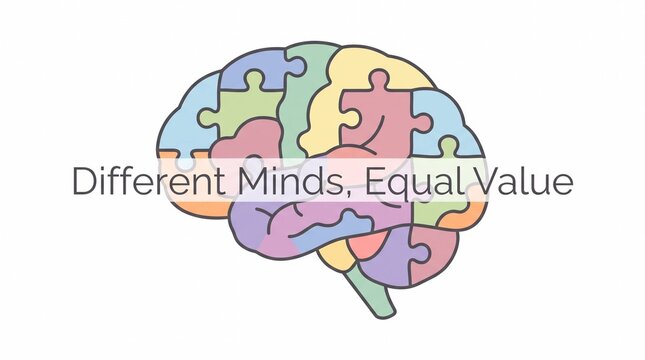 Colorful puzzle piece brain illustration with different minds equal value text for neurodiversity