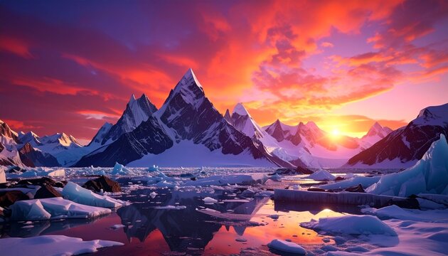 Fantasy crystal mountains at sunset beneath vivid orange and magenta skies with glowing ice spires