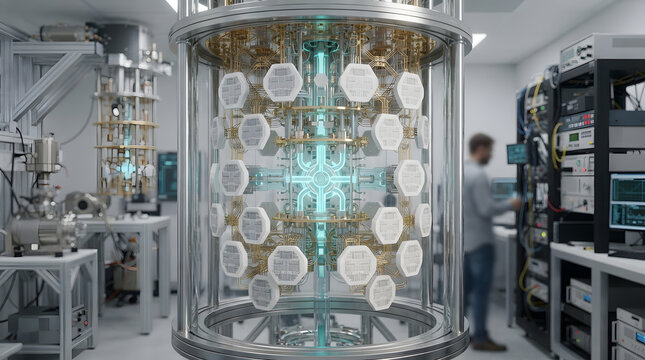 Advanced Quantum Computing Laboratory Featuring Cryogenic Processor Chamber and Scientific Research Personnel