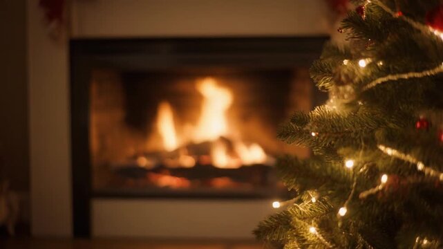 Cozy Christmas Tree Glowing Beside Warm Fireplace in Elegant Living Room, Festive Holiday Motion Background