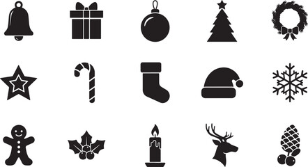 Naklejka premium Collection Of Black Silhouette For Christmas Holiday Symbols And Festive Bell Gift