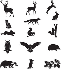 Obraz premium Collection Of Black Silhouette Forest Animals And Pine Branch On White Background Deer
