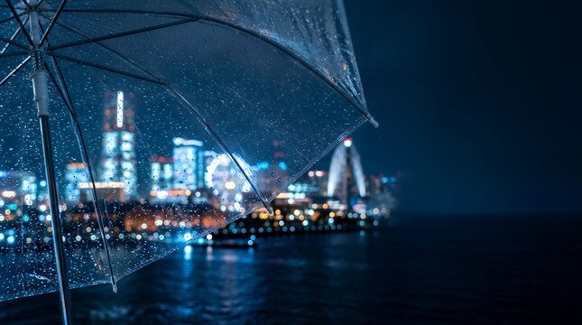 Yokohama Minato Mirai illuminated skyline and bay view seen through a clear umbrella with raindrops on a blue rainy night
