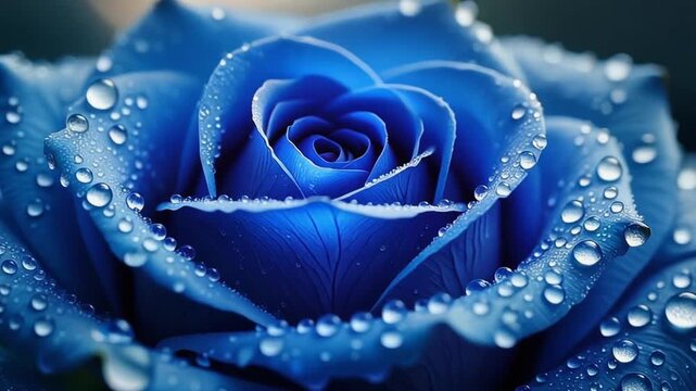 Macro Shot of a Vibrant Blue Rose with Sparkling Water Droplets on Petals, Elegant Floral Full HD Motion Background
