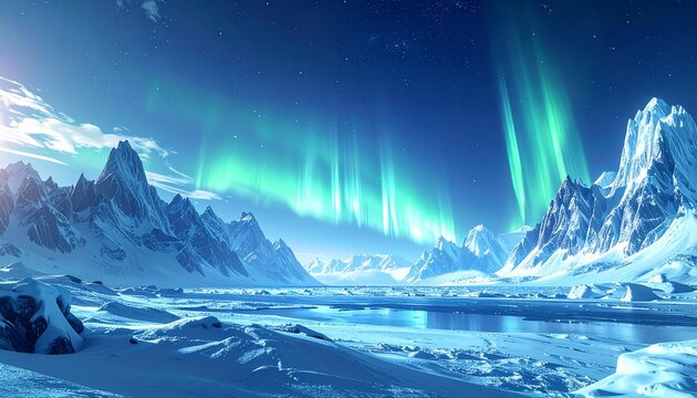 Wide panoramic frozen fantasy world with crystal mountains framing the horizon and luminous aurora
