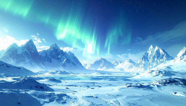 Wide panoramic frozen fantasy world with crystal mountains framing the horizon and luminous aurora