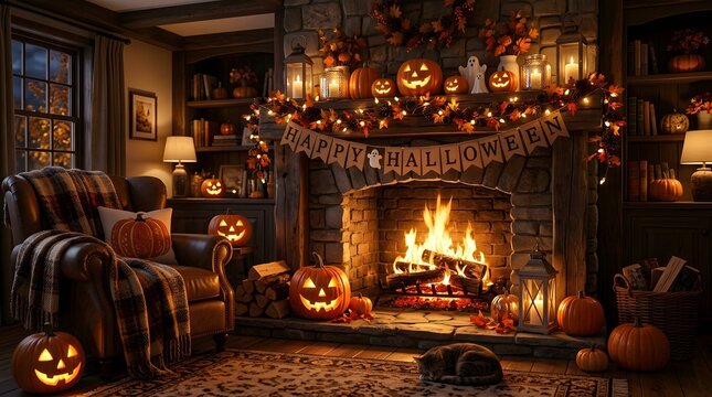 Cozy halloween living room with fireplace and jack o' lanterns